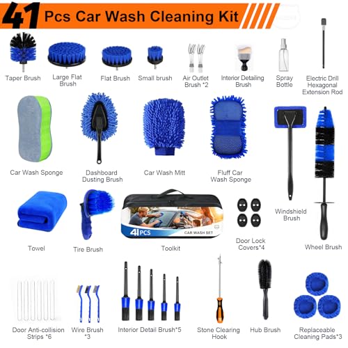 41Pcs Professional Car Detailing Kit, Car Wash Kit with Portable Handbag, Wet and Dry Use Car Cleaning Kit, Durable Drill Brush, Apply to Interior, Exterior, Wheels, Trucks, Motorcycles