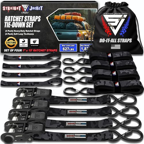 Ratchet Tie Down Straps (4 Pack) - 1,823lb Max Break Strength incl. (4) Heavy Duty 1" x 15' Rachet Tie Downs with Hooks & Handles Best for Moving Securing Cargo by Straight Jacket Crew (Black Camo) - color: Black Camo, size: 1" x 15'
