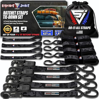 Ratchet Tie Down Straps (4 Pack) - 1,823lb Max Break Strength incl. (4) Heavy Duty 1" x 15' Rachet Tie Downs with Hooks & Handles Best for Moving Securing Cargo by Straight Jacket Crew (Black Camo) - color: Black Camo, size: 1" x 15'