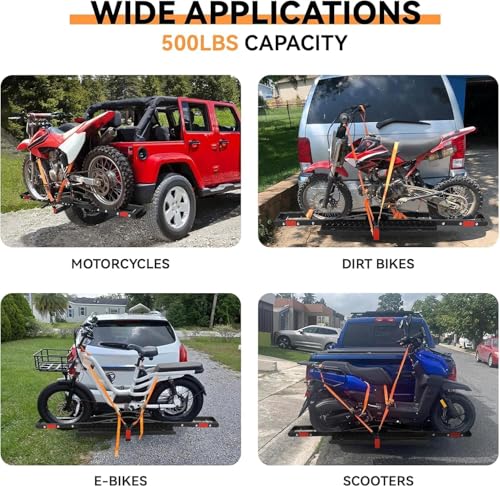 Heavy-Duty Steel Motorcycle Trailer Carrier with Loading Ramp, 600 Lbs Motorcycle Carrier Mount,Scooter Dirt Bike Trailer Hauler with Ratchet Straps and Stabilizer, for Car,Truck