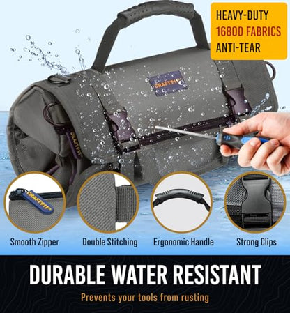 CRAFT911 Durable Tool Bag Organizers w/Detachable 6 Tool Pouches - Small | Compact & Lightweight Tool Roll Up Organizer for Electrician, Mechanic, Hobbyist - color: Gray