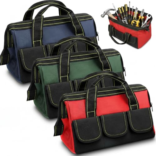 Sanwuta 3 Pack Tool Bag for Men with Waterproof Hard Bottom, Heavy Duty Tool Bag Wide Mouth Tote for Various Instrument, Electrician Carpenter Mechanic(Red, Army Green, Blue,16 Inch,Classic) - color: Red, Army Green, Blue, size: 16 Inch, style: Classic