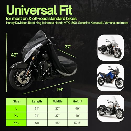 Formosa Covers Waterproof Motorcycle Cover Fits Bikes Up to 94", Heavy Duty 300D Outdoor Rain Sun Dust Protection, Soft Lined, Heat Shield, Lock Holes, Harley Honda Yamaha Kawasaki Suzuki - size: XL Motorcycle