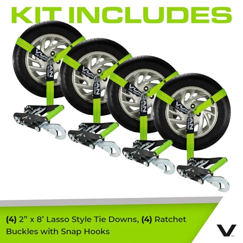 VULCAN Car Tie Down with Snap Hooks - Lasso Style - 2 Inch x 96 Inch - 4 Pack - High-Viz - 3,300 Pound Safe Working Load - size: Snap Hooks - High Viz Green (4 Pack)