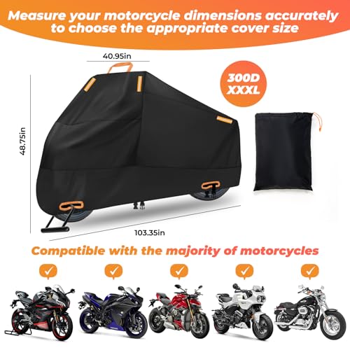 Motorcycle Cover Waterproof: Durable Heavy Duty Motorcycle Cover with Windproof and Security System - Fits up to 104 Inch Large Motorcycle (300D) - size: 300D - 104 Inch