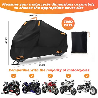 Motorcycle Cover Waterproof: Durable Heavy Duty Motorcycle Cover with Windproof and Security System - Fits up to 104 Inch Large Motorcycle (300D) - size: 300D - 104 Inch