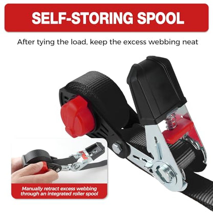 NeatStrap Ratchet Strap with Safety Lock Chromoly S Hooks-1,500lbs Break Strength-Motorcycle, Kayak Ratcheting Straps 1" x 15' Soft Loop Tie-Downs for Pickup Bed,Moving Truck,Trailer(4PK) - color: Black