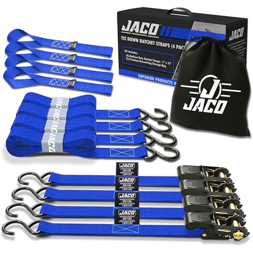 JACO Ratchet Tie Down Straps - 1 inch x 15 ft (Pack of 4) | 1,823 lbs (Blue) - color: Blue