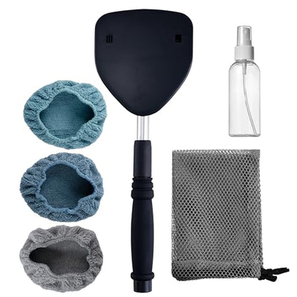 Polyte Pivoting Windshield Glass Cleaning Tool Extendable Aluminum Handle w/3 Premium Microfiber Covers, Spray Bottle, Mesh Bag, Triangle Shaped Plate