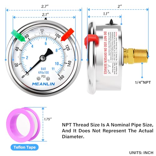 MEANLIN MEASURE 0~160Psi Liquid Filled Pressure Gauge 1/4" NPT 2.5" FACE DIAL Stainless Steel Glycerin Filled WOG Water Oil Air Back Mount (with 2PCS Snaps) - size: 0-160Psi