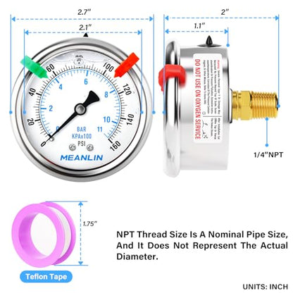 MEANLIN MEASURE 0~160Psi Liquid Filled Pressure Gauge 1/4" NPT 2.5" FACE DIAL Stainless Steel Glycerin Filled WOG Water Oil Air Back Mount (with 2PCS Snaps) - size: 0-160Psi