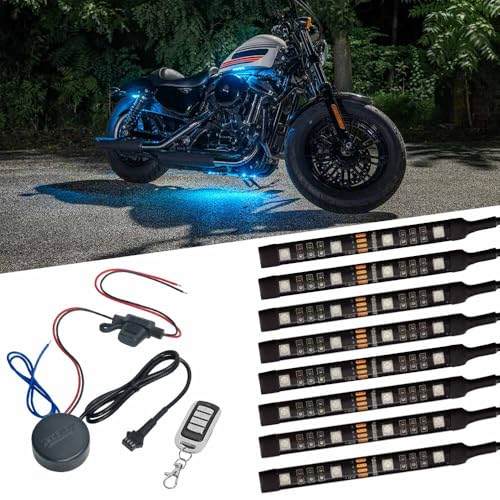 LEDGlow 8pc Advanced Million Color Mini LED Motorcycle Accent Underlow Light Kit - 15 Solid Colors - 6 Patterns - 4" Multi-Color Flexible Strips - Includes Waterproof Control Box & Wireless Remote
