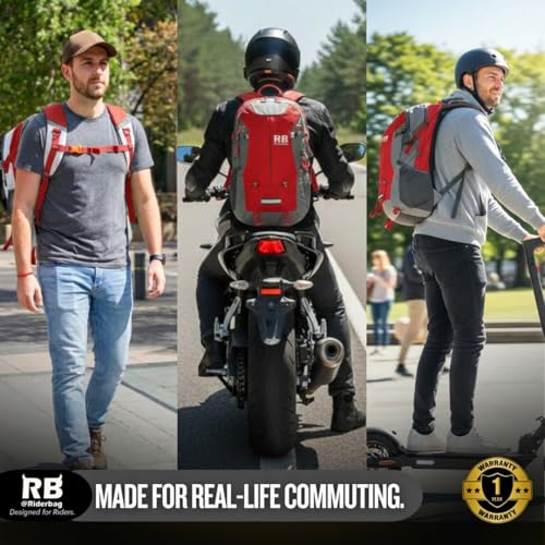 Reflective Motorcycle Backpack – Hi Viz EDC Commuter Bag for Riders, Night Travel, and Daily Use with Helmet Holder, Laptop Compartment, Ventilated Back, Urban Gear (red backpack) - color: Red
