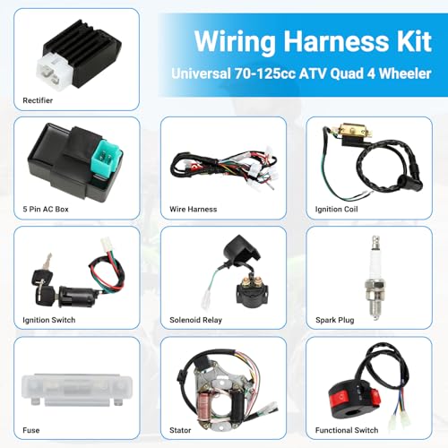 EOPOAYI Complete Wiring Harness Kit Compatible with Tao tao Coolster 125cc Chinese ATV 4 Stroke Quad 4 Wheeler Parts with Starter Solenoid Relay Ignition Coil CDI Box Stator Voltage Regulator