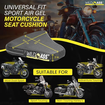 Wild Ass Motorcycle Air Gel-Sport Seat Cushion - Ergonomic Universal Fitting Air Adjusting Pad with Straps - Ultimate Rider Comfort & Relief, Cool Flow Motorcycle Accessories for Long Rides - Black - style: Air Gel