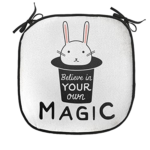 Lunarable Magic Chair Cushion Pad, Believe in Your Own Magic Quite Print with Rabbit in Hat Print, Seat Padding for Kitchen & Patio with Anti-Slip Backing, 16"x16", Black Beige - color: Black Beige, size: Pack of 1