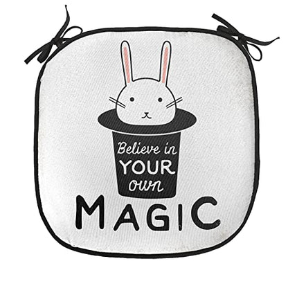 Lunarable Magic Chair Cushion Pad, Believe in Your Own Magic Quite Print with Rabbit in Hat Print, Seat Padding for Kitchen & Patio with Anti-Slip Backing, 16"x16", Black Beige - color: Black Beige, size: Pack of 1