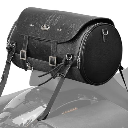 KEMIMOTO Motorcycle Tail Bag, PU Leather Motorcycle Rear Seat Bag, Waterproof Waxed Drawstring Canvas 18-22L Expandable Motorbike Luggage Storage for Sportster Softail Dyna V-star Shadow
