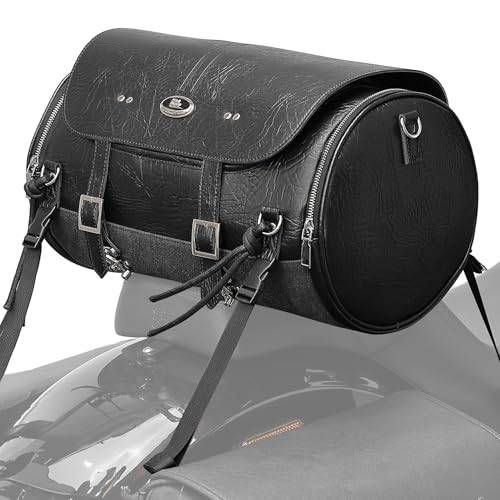 KEMIMOTO Motorcycle Tail Bag, PU Leather Motorcycle Rear Seat Bag, Waterproof Waxed Drawstring Canvas 18-22L Expandable Motorbike Luggage Storage for Sportster Softail Dyna V-star Shadow