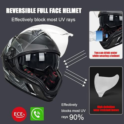 Bluetooth Full Face Motorcycle Helmet DOT Approved Modular Motorcycle Helmets with Built-in Sun Visor, Multi-Ventilation Ports, for Adults Men Women Casco Moto Hombres Mujeres - size: XXL61~62CM, style: D