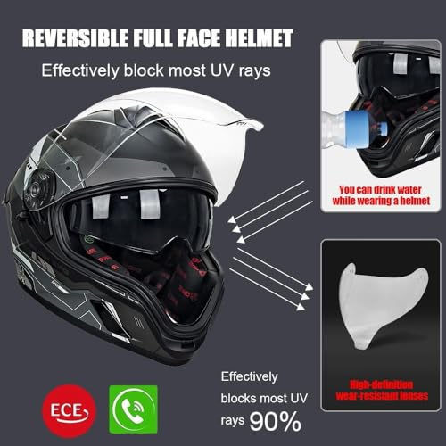 Bluetooth Full Face Motorcycle Helmet DOT Approved Modular Motorcycle Helmets with Built-in Sun Visor, Multi-Ventilation Ports, for Adults Men Women Casco Moto Hombres Mujeres - size: XXL61~62CM, style: K