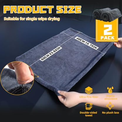 2-Pack Double-Twist Pile Microfiber Towels for Cars 1300 GSM Car Drying Towels (23.62" x 15.75") Ultra Absorbent Microfiber Towel, Streak-Free & Scratch-Free Car Cleaning Supplies with Edgeless Design - size: 23.62 x 15.75 INCH