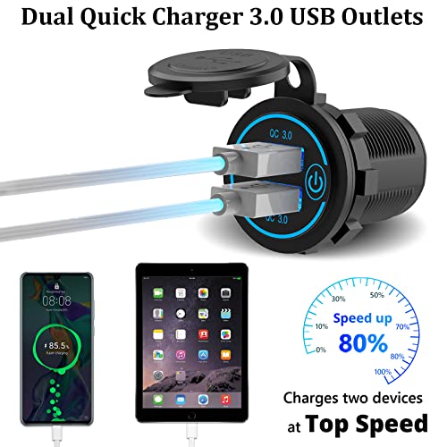 QC3.0 Dual USB 12V DC Outlet with Touch Switch: 12 Volt Marine Socket Golf Cart USB Port Car Charger Waterproof Power Adapter Cigarette Lighter Mount Fast Charge for Boat Motorcycle ATV RV