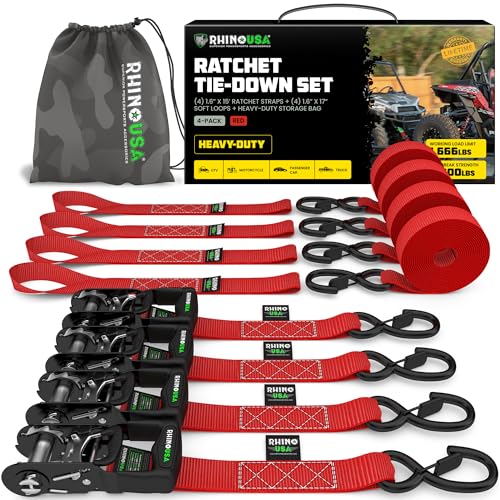 Rhino USA Ratchet Straps Heavy Duty Kit (4-Pack) - 1.6 Inch x 15 Feet Min Break Strength (5,000) - Ultimate Tie Down Straps with Safety S Hooks for Trucks, ATV, UTV, Motorcycle, Cargo & More - Red - color: Red, size: 15ft - 4 Pack
