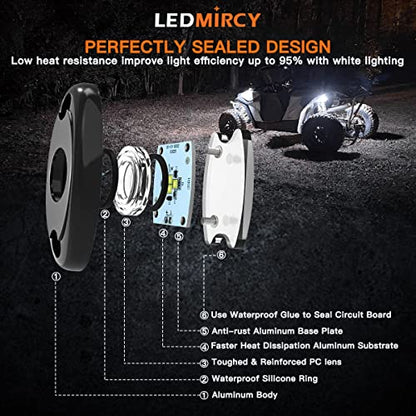 LEDMIRCY R1 Pure White LED Rock Lights 4PCS for Off Road Truck Auto Car Boat ATV SUV Waterproof High Power Neon Trail Lights Underglow Light Interior Exterior Shockproof(4PCS White)