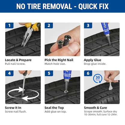 AUTOWN 21PCS Tire Repair Rubber Nail Kit - Complete Screw Plug Kit with Glue, Fast Fix for Flat Tires on Car, Truck, Motorcycle, SUV & More - size: 21pcs