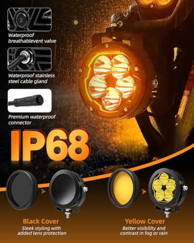 CO LIGHT 4 Inch Motorcycle Fog Lights 80W 16000LM White Yellow Auxiliary Lights Spot Beam Amber DRL with Amber and Black Mask Wiring Harness for Motorcycle ATV UTV ADV Night Riding Dual Brackets 2PCS - color: D041