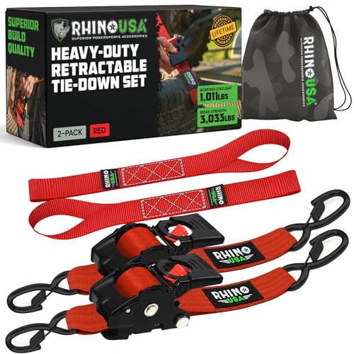 Rhino USA Retractable Ratchet Straps (2-Pack) - 2 Inch x 10 Feet (3,033lb Break Strength) - Heavy Duty Auto Self Retracting Tie Down Straps for Truck, Cargo Trailer, Motorcycle, Rad & More - Red - color: Red, size: 2PK