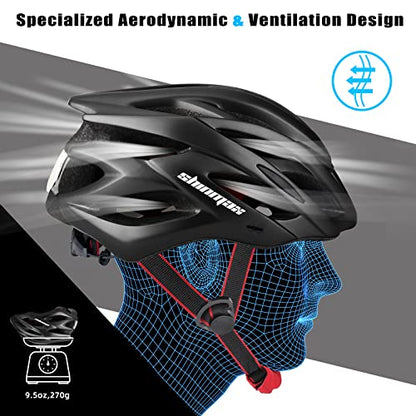 Bike Helmet Men Women, Shinmax Bicycle Helmet with Rear Light and Detachable Visor - color: Black, size: Large (57-62 cm)