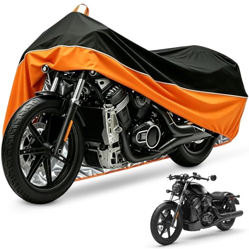 Motorcycle Cover All Season Waterproof Sun Outdoor Protection, Fits up to 96.5" Motorcycle Powersports Vehicle Covers, Black and Orange (Lockholes & Storage Bag) - color: Black/Orange, size: 96.5''