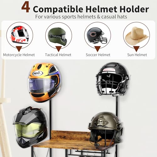 Floor Standing Motorcycle Helmet Holder, Large Motorcycle Gear Rack 4 Helmet Hanger, 3 in 1 Gear Storage Helmet Storage Rack (Black)