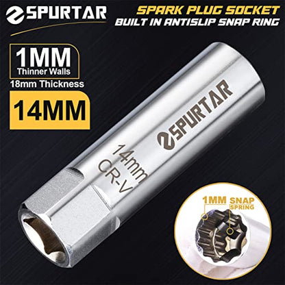 Spurtar 14mm Spark Plug Socket 12-Point Thin Wall 3/8" Drive Spring Clips Spark Plug Removal Tool Compatible with BMW, Mercedes, Nissan, Motorcycle, Car, SUV CRV Steel Wrench - size: 14mm Spring Clip