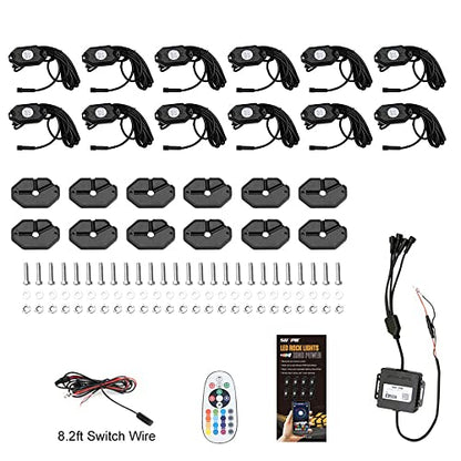 SUNPIE 12 Pods High Power RGBW Rock Lights IP67 Waterproof Phone App Custom Colors Voice Mode Music Mode Neon Accent Wheel Well Lights for Off Road Truck SUV ATV UTV Boats - size: 12 Pods