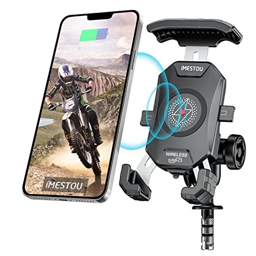 iMESTOU Motorcycle Fork Stem Phone Mount Wireless/USB C Charger with RAM 1" Ball Fits for Kawasaki, Ducati, Honda, BMW etc. with Fork Hole Dia. 0.47"-1" Quick Charge for 4.0"-6.8" Smartphones - style: Wireless & USB C Charge- Fork Stem Style