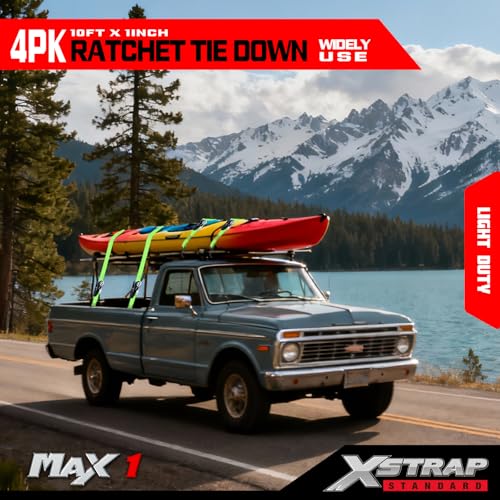 XSTRAP STANDARD Ratchet Tie Down Straps 4 Pk 10 Ft- 300 Lbs Load Cap- 900 Lbs Break Strength-Cargo Straps for UTV, ATV, Pickup,Truck, Moving Appliances, Lawn Equipment, Neon Green - color: Green, size: 4pk 1inchx10ft