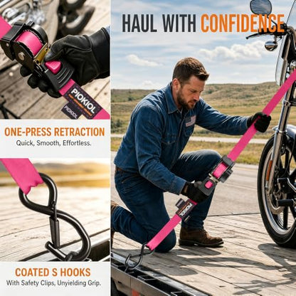 Retractable Ratchet Straps (4-Pack) - 1 Inch x 10 Feet (1,764lb Break Strength) - Heavy Duty Auto Self Retracting Tie Down Straps for Truck, Cargo Trailer, Motorcycle, ATV, UTV – Pink - color: Pink