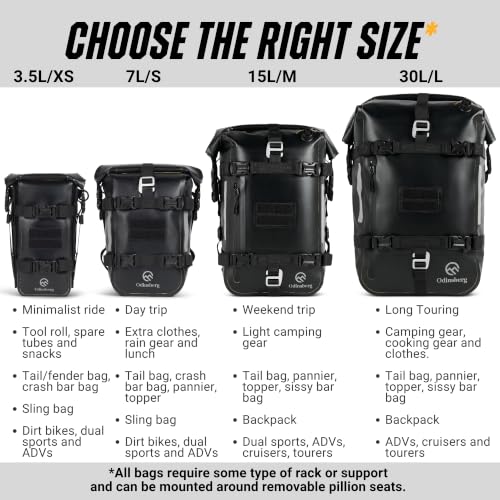 Odinsberg 15L 100% Waterproof Motorcycle Tail Bag – All in one Dry Bag Saddlebag Pannier Backpack Luggage for Sissy Bar Rear Rack and Seat for Motorcycle Dirt Bike Bag ATV ADV - size: 15L/M