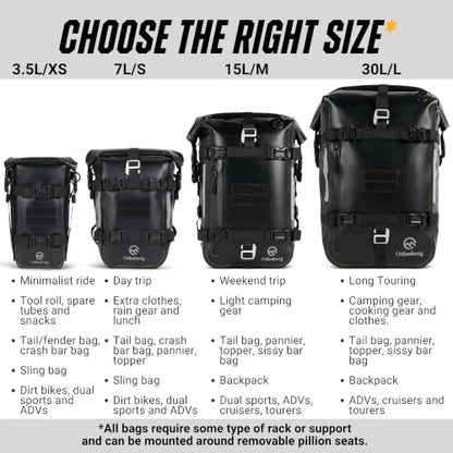 Odinsberg 15L 100% Waterproof Motorcycle Tail Bag – All in one Dry Bag Saddlebag Pannier Backpack Luggage for Sissy Bar Rear Rack and Seat for Motorcycle Dirt Bike Bag ATV ADV - size: 15L/M