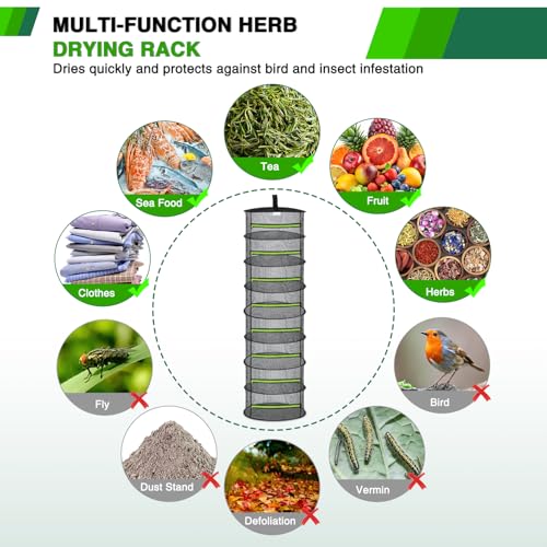 Yesker 8 Layer Herb Drying Rack Hanging Mesh Foldable Plant Drying Racks 24" w Green Zipper Pruning Shears Gloves Dryer Hanging Rack for Herbs Seed Bud Fruit Clothes Grow Tent Closets Garden Outdoor - size: 8 Layers Fluorescent Green & Black