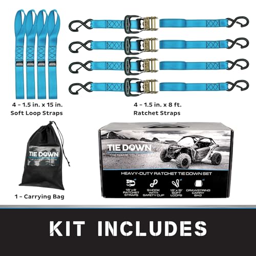 Tie Down 1.5 inch x 8 ft Blue Heavy Duty Ratchet Strap, 4-Pack Kit - 5208 lbs. Breaking Load Limit - color: Blue, size: 4-Pack