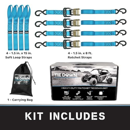 Tie Down 1.5 inch x 8 ft Blue Heavy Duty Ratchet Strap, 4-Pack Kit - 5208 lbs. Breaking Load Limit - color: Blue, size: 4-Pack
