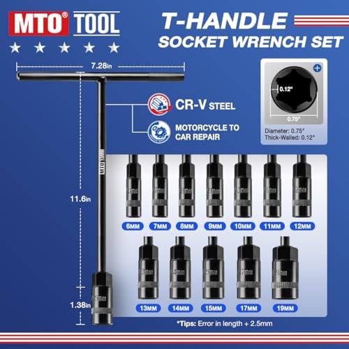 MTO T-Handle Metric Socket Wrench Set, 6-Point (6mm-15mm, 17mm, 19mm) with Hanging Organizer Strap, Cr-V Steel Lug Wrench Hex Socket for Motorcycle Car Bicycle Repair (12 Pack) - size: 12Pack