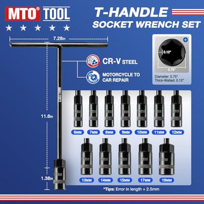 MTO T-Handle Metric Socket Wrench Set, 6-Point (6mm-15mm, 17mm, 19mm) with Hanging Organizer Strap, Cr-V Steel Lug Wrench Hex Socket for Motorcycle Car Bicycle Repair (12 Pack) - size: 12Pack