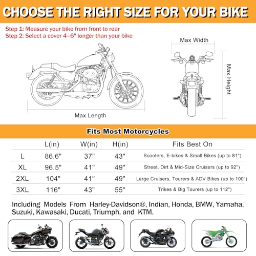 Heavy Duty Motorcycle Cover Waterproof Outdoor Universal Fit up to 92 Inch, All Season Protection for Kawasaki Z650 Ninja ZX-10R, Honda Rebel 500 CBR500R with See-Through License Panel