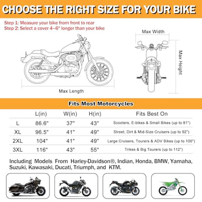 Heavy Duty Motorcycle Cover Waterproof Outdoor, Universal Fit with All Season Protection & Ventilation Vents for Harley Davidson, Indian, BMW Cruiser, Touring, ADV Storage up to 104 Inch