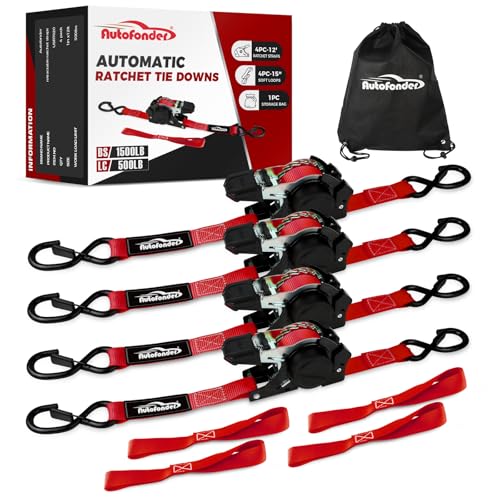 Heavy-Duty Retractable Ratchet Straps (4-Pack) – 1500 lb Break Strength Auto Self-Retracting Tie-Down Straps 1 inch x 12 Feet with Soft Loops, for Truck Motorcycle ATV Cargo Trailer - color: Red Retractable